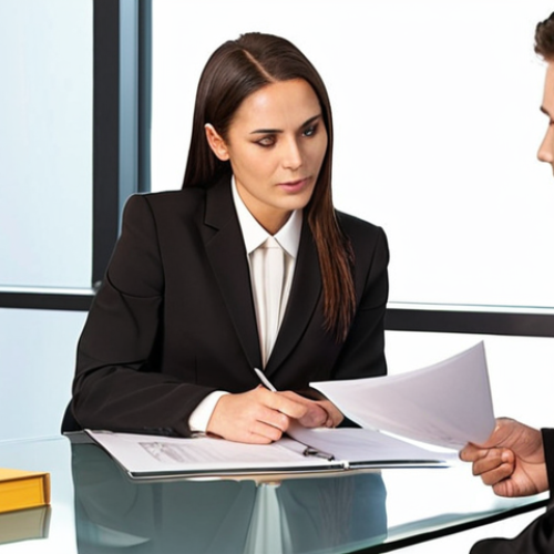 **Prompt:** A professional, empathetic female lawyer, dressed in a sharp suit, having a sincere and transparent consultation with a diverse client in a modern, well-lit office. They are looking at legal documents on a table, and the scene emphasizes trust, open communication, and client confidence. The atmosphere is warm and reassuring, conveying honesty as the foundation of the relationship. Realistic, professional style.