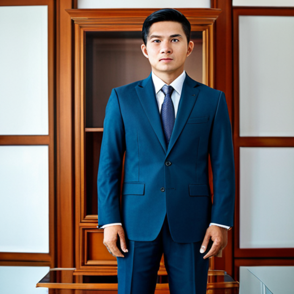 변호사 연봉 협상 전략 - A professional Thai lawyer in a tailored, modest business suit, standing confidently in a modern Ban...