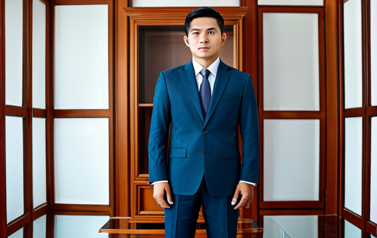 변호사 연봉 협상 전략 - A professional Thai lawyer in a tailored, modest business suit, standing confidently in a modern Ban...