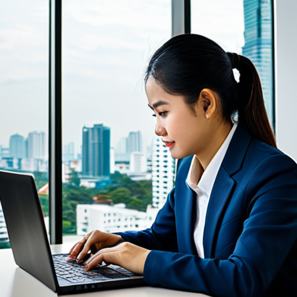 변호사 시험 일정과 준비 전략 - A Thai businesswoman in a modern, modest business suit, working on a laptop at a desk in a bright, c...