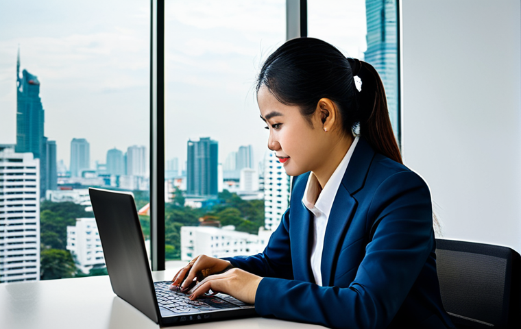 변호사 시험 일정과 준비 전략 - A Thai businesswoman in a modern, modest business suit, working on a laptop at a desk in a bright, c...
