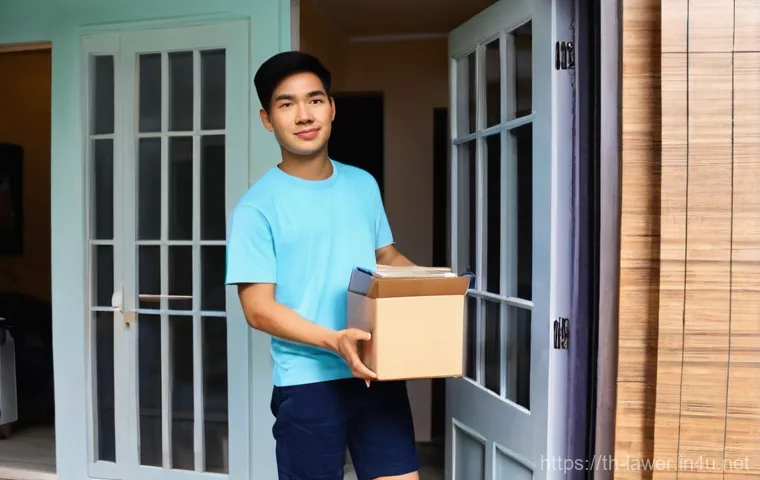 변호사 실무에서 자주 접하는 케이스 - **Prompt:** A young Thai man in his late 20s, wearing a casual t-shirt and shorts, stands at his apa...