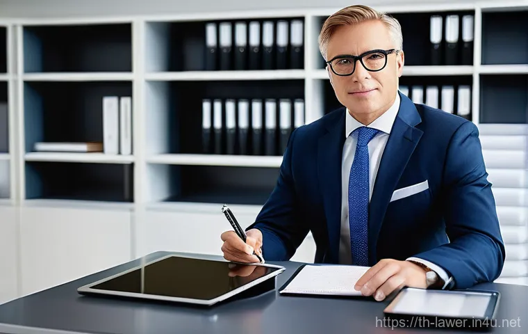 변호사 업무 일기 작성 요령 - **Prompt:** "A highly organized professional lawyer, dressed in smart business attire, sits calmly a...