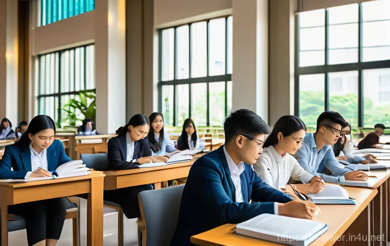 변호사 자격 취득 과정 - **"A vibrant and intellectual scene depicting ambitious young Thai law students in a sunlit, modern ...