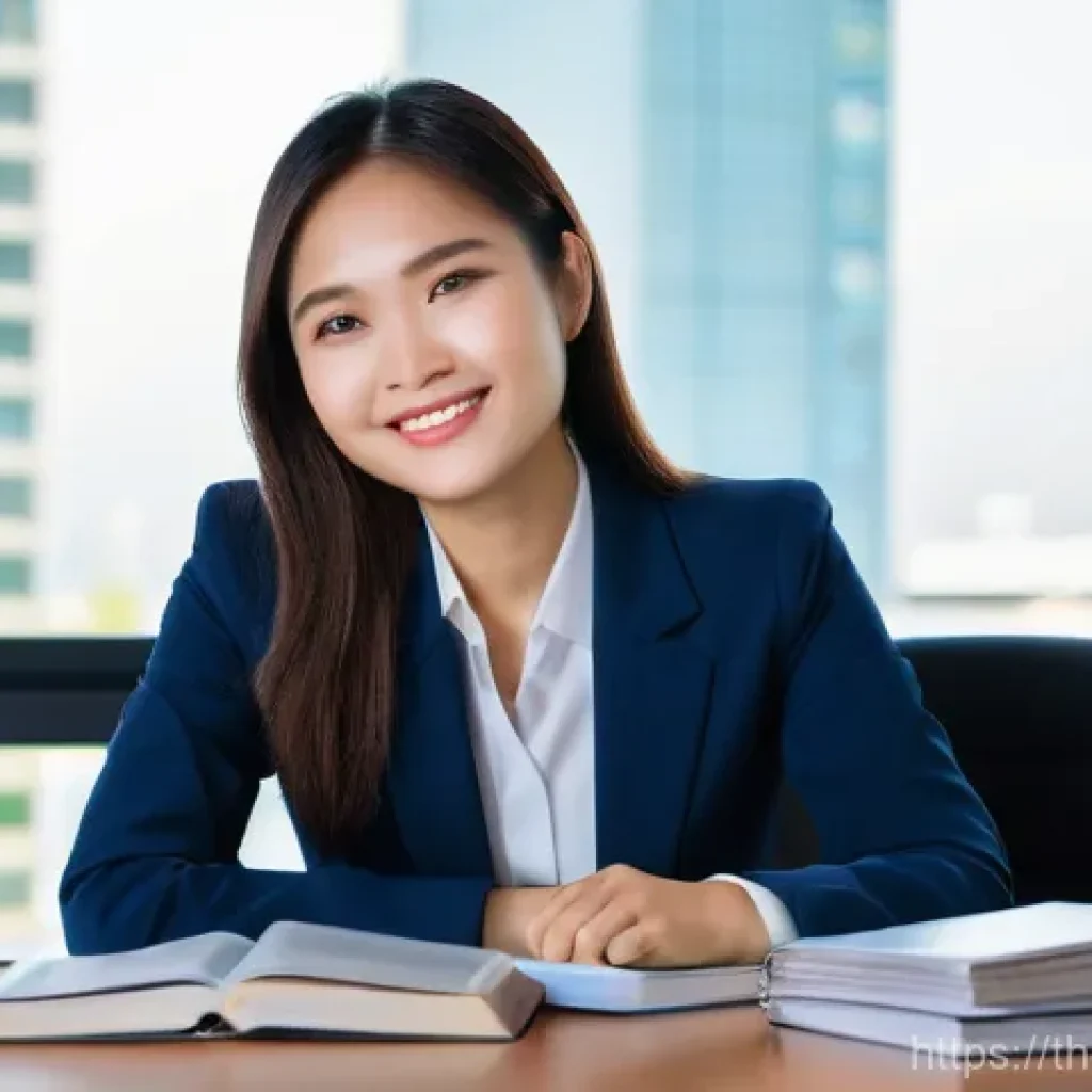 변호사로 일하는 현실 - **Prompt:** A young, idealistic Thai law student, with bright, hopeful eyes, smiles as she daydreams...