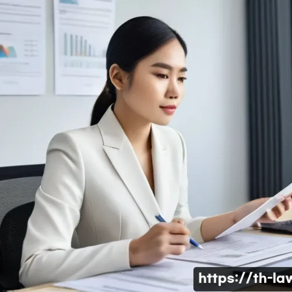 변호사 연봉 협상 시 고려할 점 - **Prompt:** A confident Thai female lawyer, dressed in a sharp, professional business suit, sits at ...