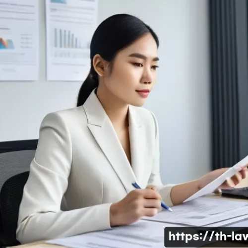 변호사 연봉 협상 시 고려할 점 - **Prompt:** A confident Thai female lawyer, dressed in a sharp, professional business suit, sits at ...