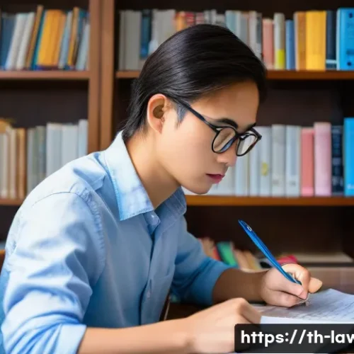 변호사 시험 공부법 - A focused Thai law student studying diligently at a clean, well-organized wooden desk in a quiet hom...