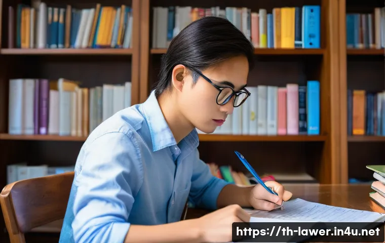 변호사 시험 공부법 - A focused Thai law student studying diligently at a clean, well-organized wooden desk in a quiet hom...