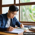 변호사 시험 준비의 경제적 부담 관리법 - A focused Thai law student sitting at a wooden desk in a cozy home study room, surrounded by second-...