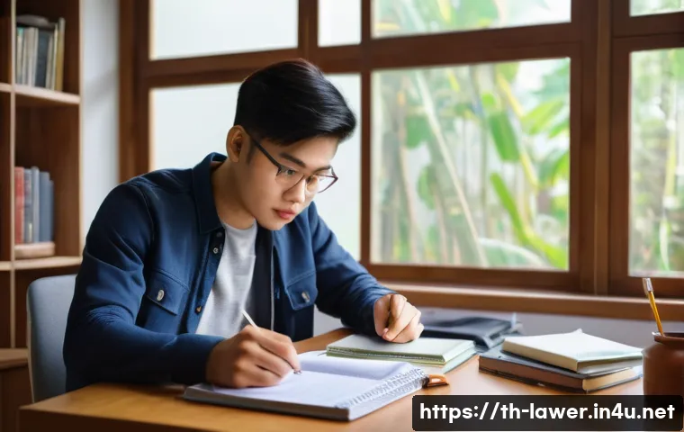 변호사 시험 준비의 경제적 부담 관리법 - A focused Thai law student sitting at a wooden desk in a cozy home study room, surrounded by second-...