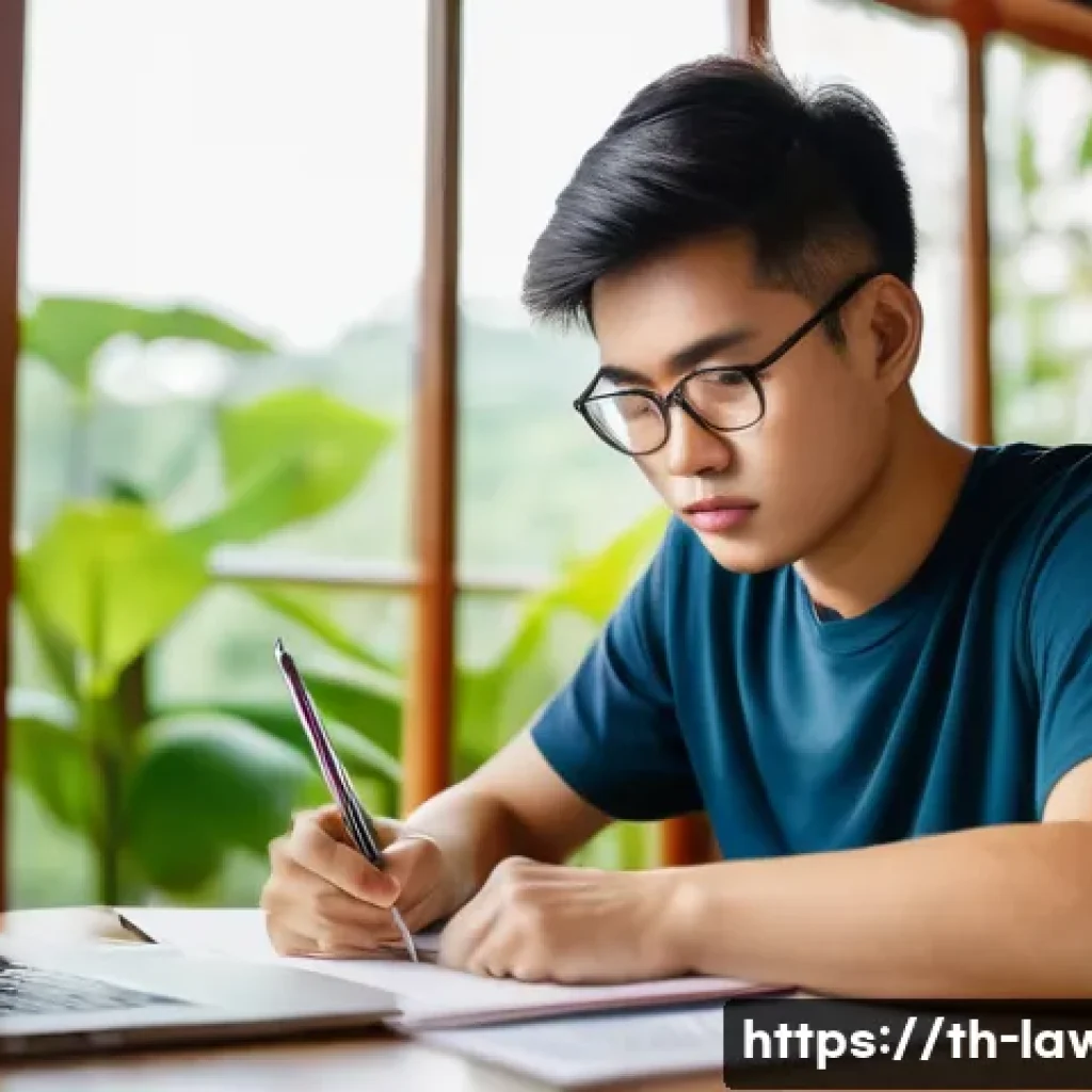 변호사 시험 공부 스케줄 관리법 - A focused young Thai student studying law in a bright, modern home office with large windows letting...