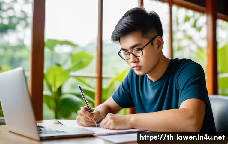 변호사 시험 공부 스케줄 관리법 - A focused young Thai student studying law in a bright, modern home office with large windows letting...