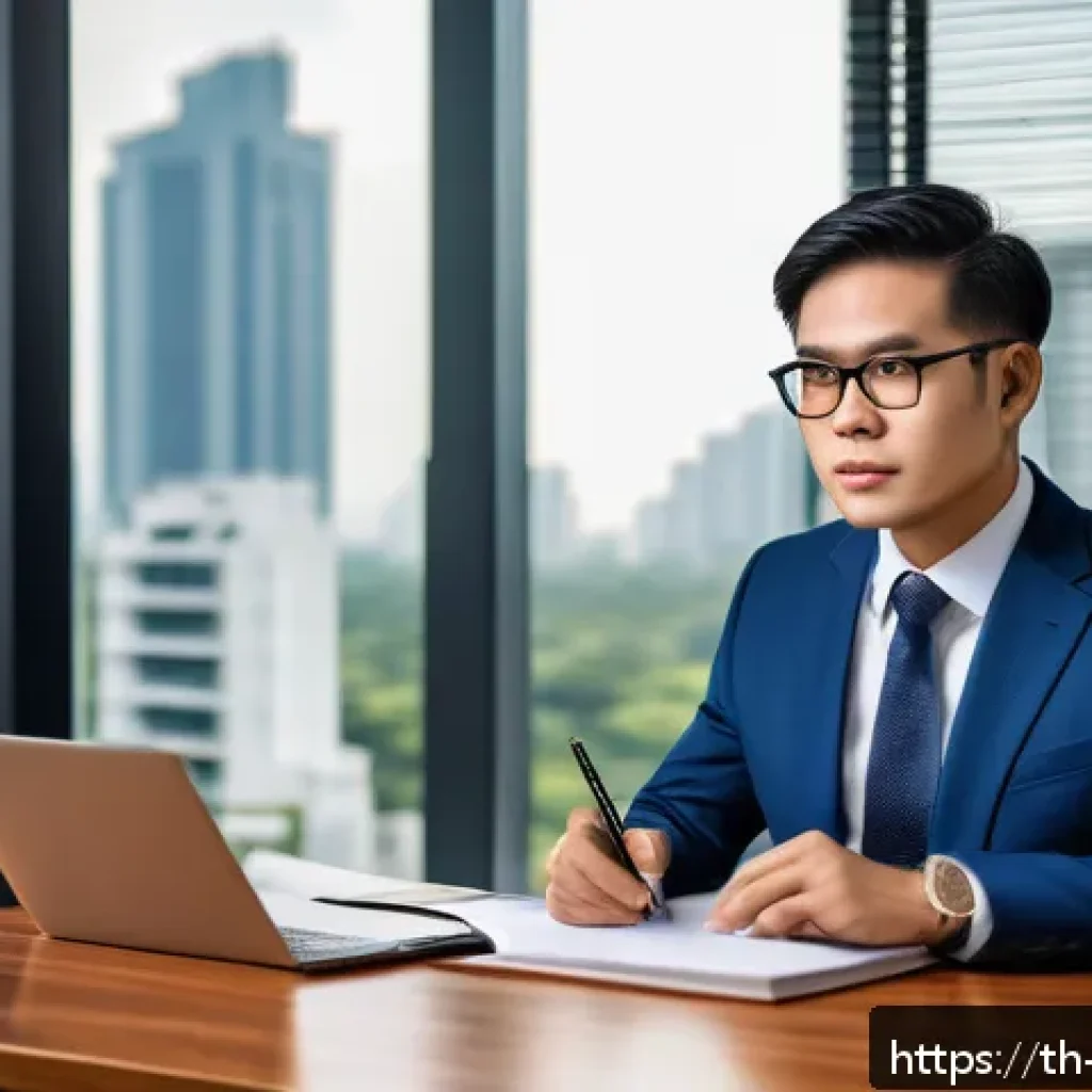 변호사 업무의 장단점 - A professional Thai lawyer in a modern Bangkok law office, wearing a well-tailored business suit and...