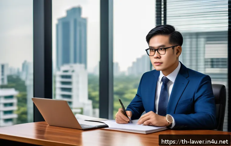변호사 업무의 장단점 - A professional Thai lawyer in a modern Bangkok law office, wearing a well-tailored business suit and...