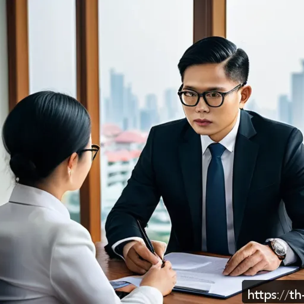 변호사 업무 사례 모음 - A professional Thai lawyer negotiating a civil case settlement in a modern office, wearing a formal ...