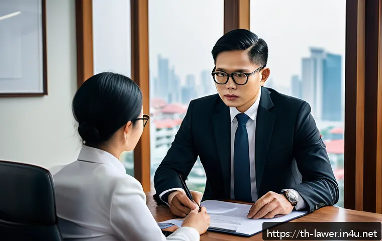 변호사 업무 사례 모음 - A professional Thai lawyer negotiating a civil case settlement in a modern office, wearing a formal ...