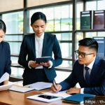 법률 자문 사례 분석 - A modern Thai legal consultant’s office scene showing a diverse group of professionals in business a...