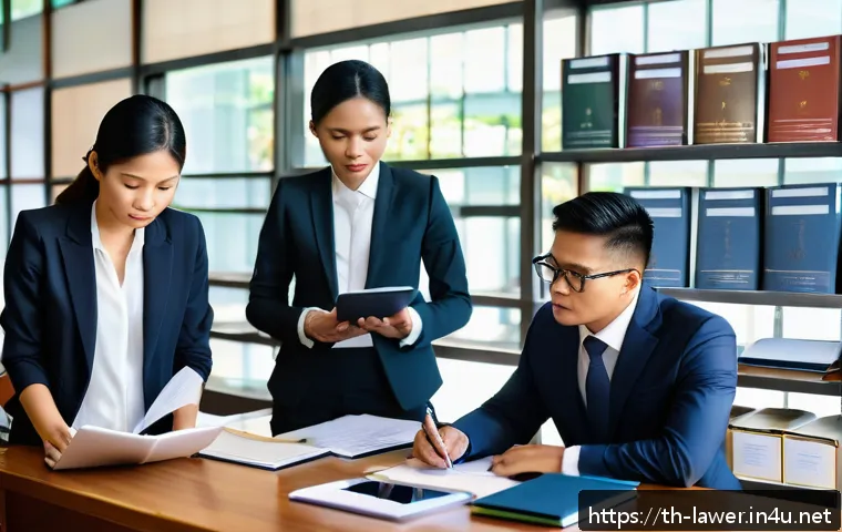 법률 자문 사례 분석 - A modern Thai legal consultant’s office scene showing a diverse group of professionals in business a...