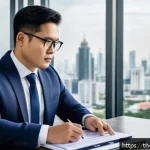 변호사 커리어 패스 설계법 - A professional Thai lawyer in a modern office setting, dressed in a dark navy suit and white shirt, ...