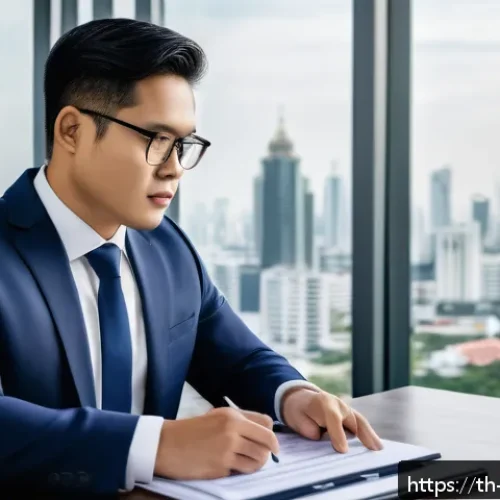변호사 커리어 패스 설계법 - A professional Thai lawyer in a modern office setting, dressed in a dark navy suit and white shirt, ...