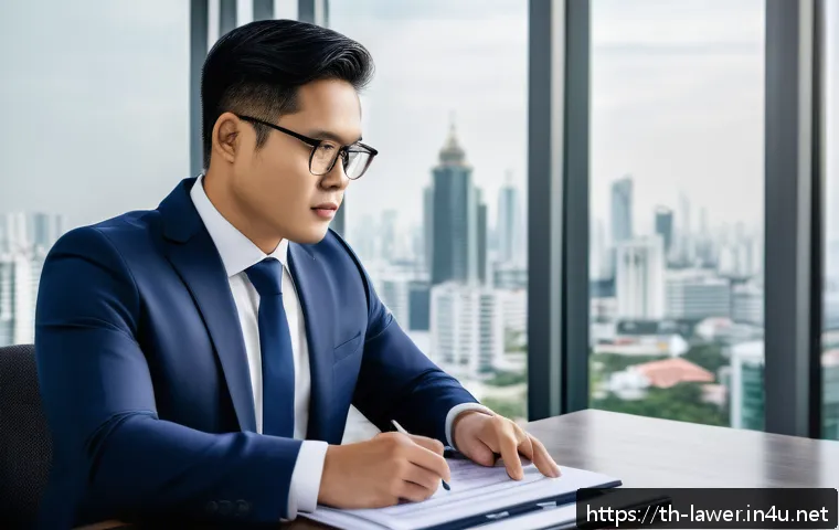 변호사 커리어 패스 설계법 - A professional Thai lawyer in a modern office setting, dressed in a dark navy suit and white shirt, ...