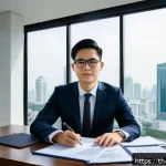 법률 변호사의 인턴십 경험 중요성 - A professional legal office scene in Bangkok, Thailand, showing a young Thai law intern dressed in f...