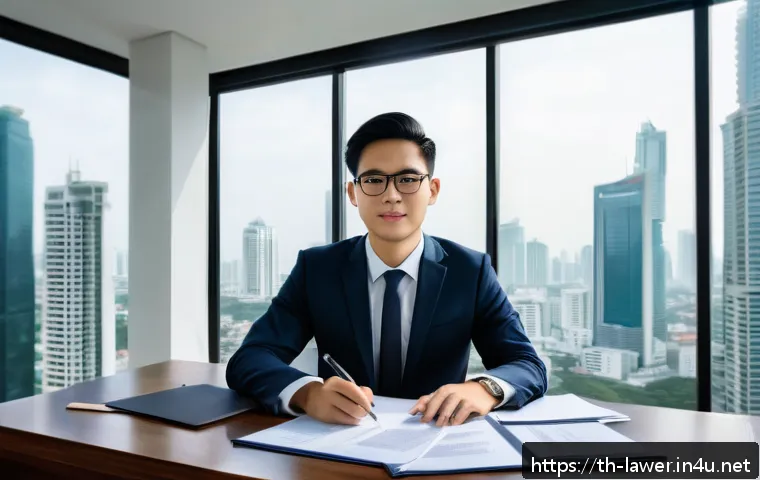 법률 변호사의 인턴십 경험 중요성 - A professional legal office scene in Bangkok, Thailand, showing a young Thai law intern dressed in f...