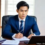 변호사 이직 면접에서 자주 묻는 질문 - A professional Thai lawyer preparing for a job interview in a modern office setting, wearing a well-...