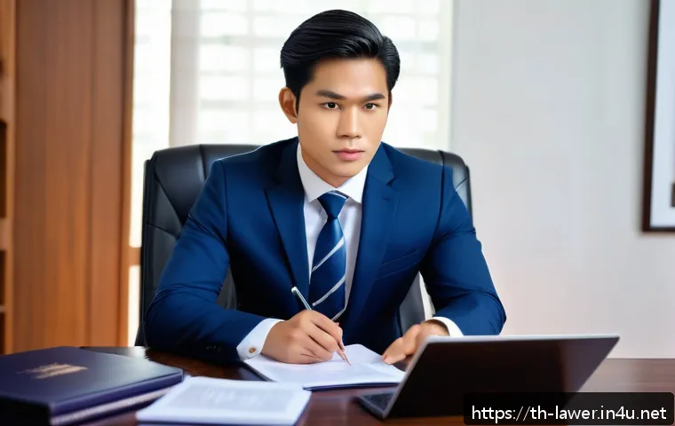 변호사 이직 면접에서 자주 묻는 질문 - A professional Thai lawyer preparing for a job interview in a modern office setting, wearing a well-...