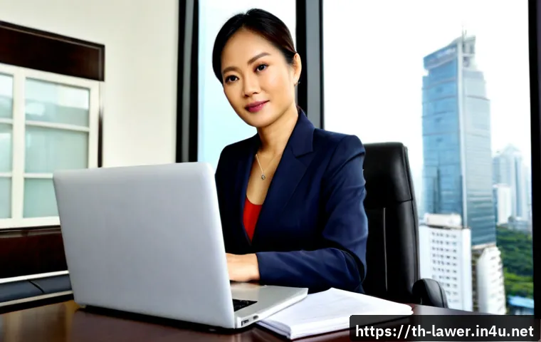 변호사 경력으로 글로벌 커리어 도전 사례 - Photorealistic Thai female lawyer in her early 40s working at a sleek Bangkok office desk, reviewing...