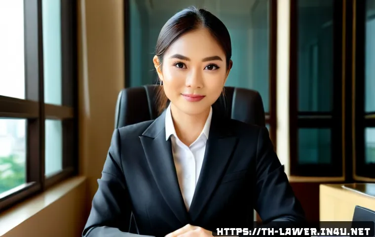 Home 17 법률 변호사의 개인 브랜딩 전략 - Photorealistic professional portrait of a confident Thai lawyer in a tailored dark suit, seated at a...